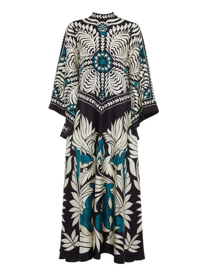 Elegance Floral Print Waterfall Sleeves Maxi Dress