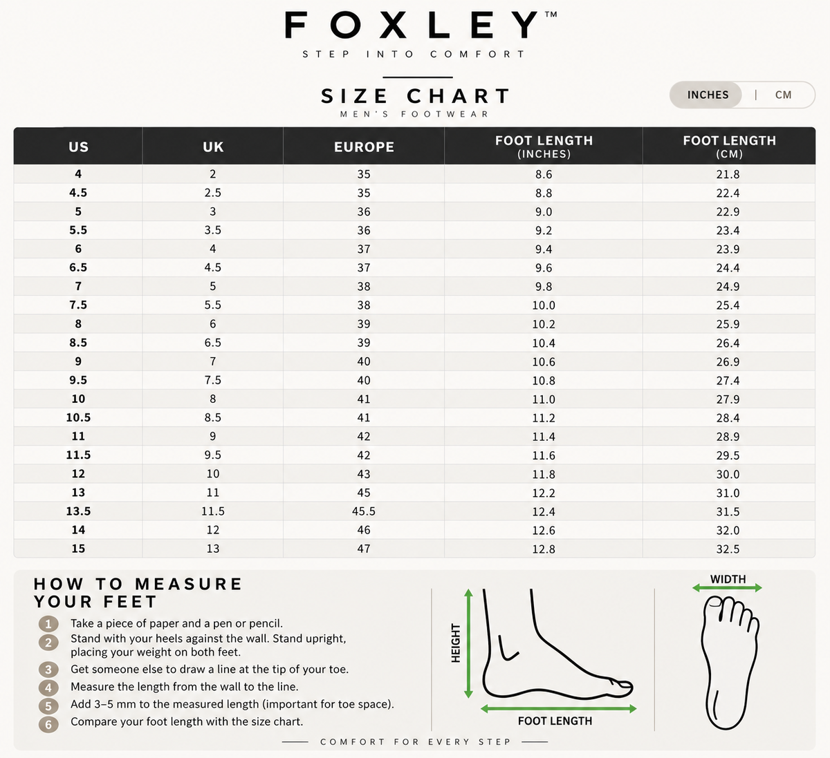 Foxley footwear size chart with US, UK, Europe, foot length, and measuring instructions