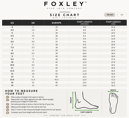 Foxley footwear size chart with US, UK, Europe, foot length, and measuring instructions