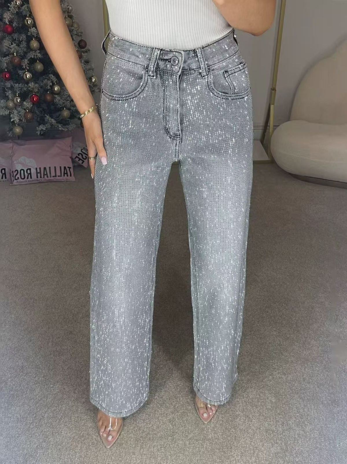 🔥Straight Leg Jeans With Rhinestones